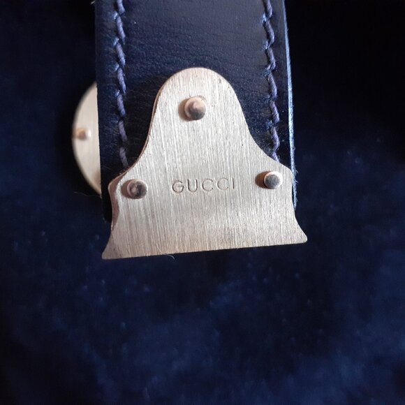 Vintage GUCCI-Boston Bag Shelly Line Black/DK Navy Suede/Leather-Satchel-EX - Picture 4 of 12